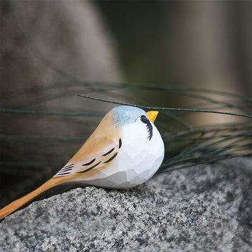 Handmade Carved Wooden Bearded Reedling Bird Figurine